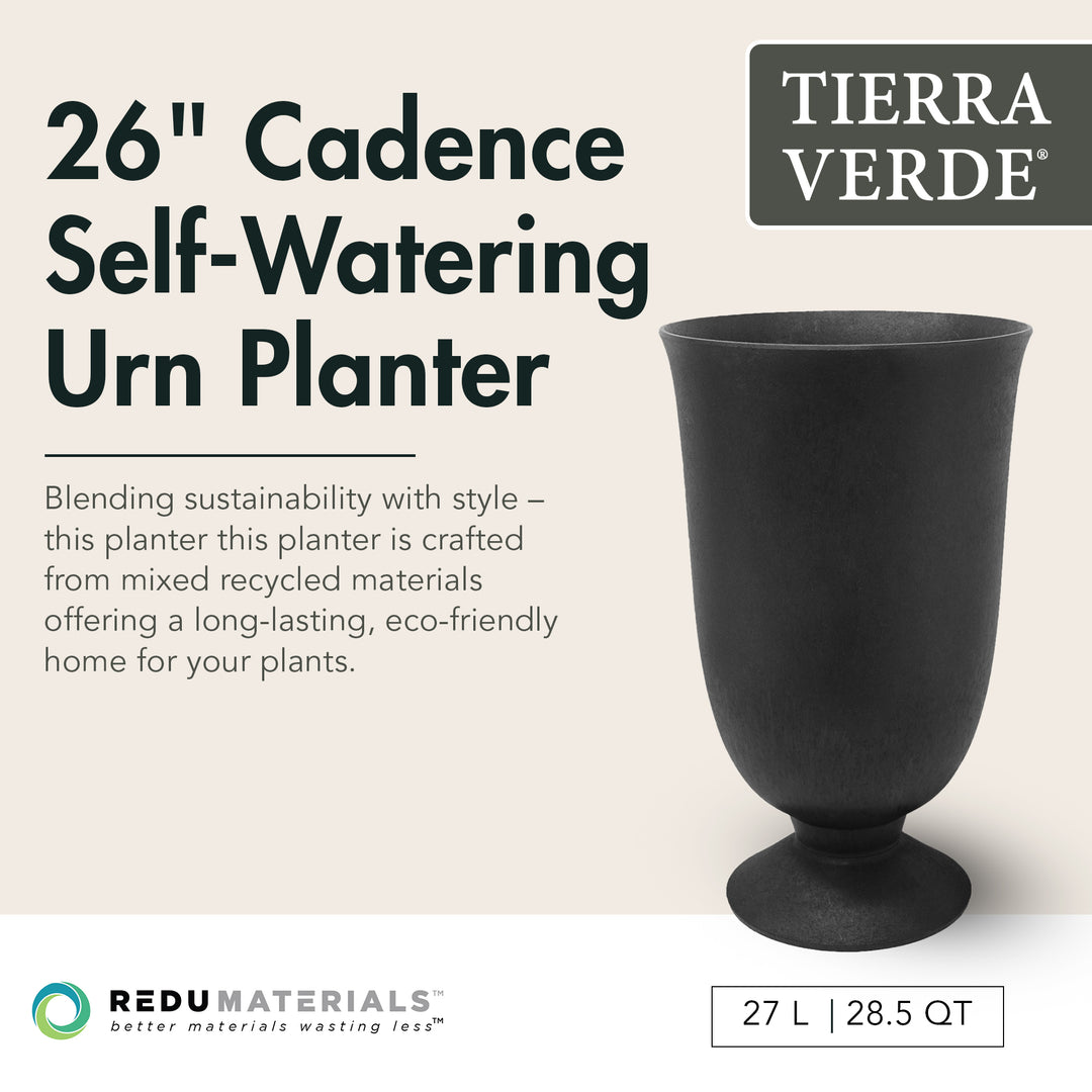 Tierra Verde Indoor Outdoor Self Watering Urn Planter, 14"W x 23"H Black (Used)