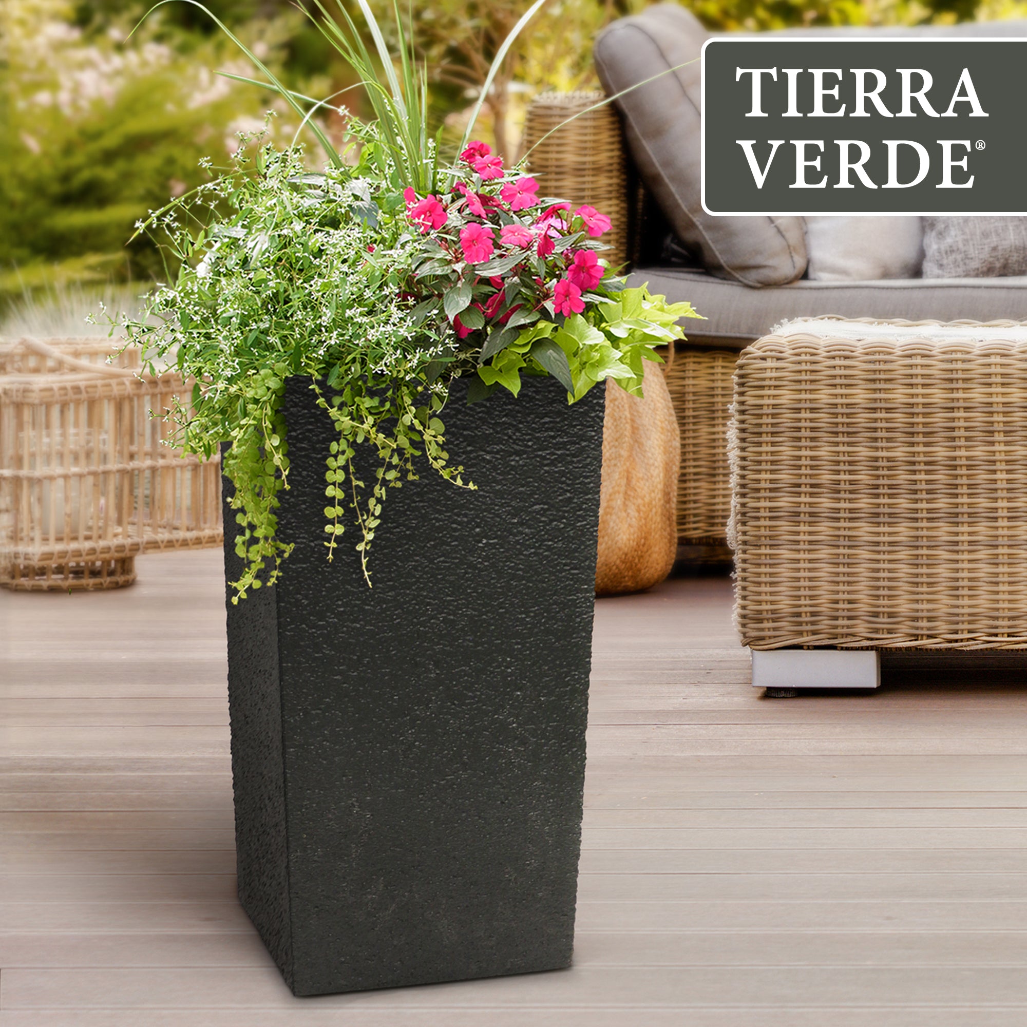 Tierra Verde Citadel Stucco Self Watering Square Planter 13.5"W x 26"H(Open Box) - VMInnovations