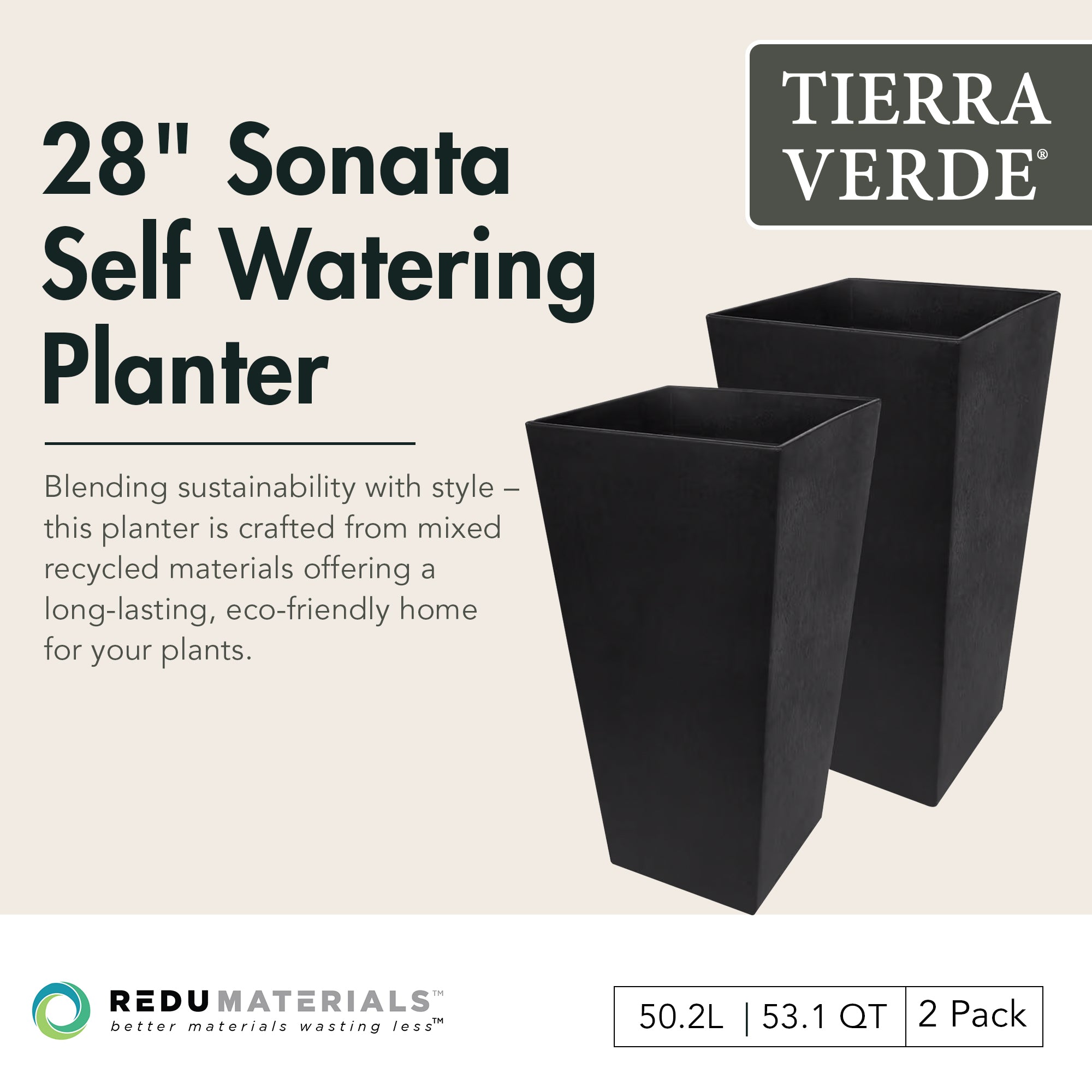 Tierra 2pk Indoor Outdoor 28 Inch Self Watering Planters, Sonata (Open Box)