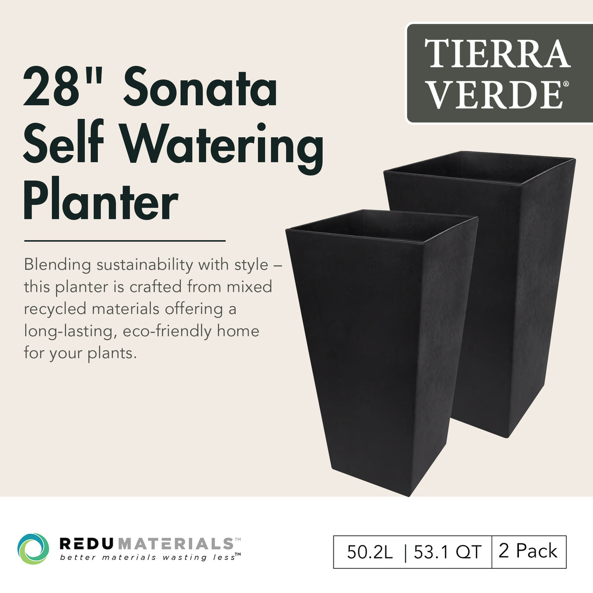 Tierra 2pk Indoor Outdoor 28 Inch Self Watering Planters, Sonata (Open Box) - VMInnovations