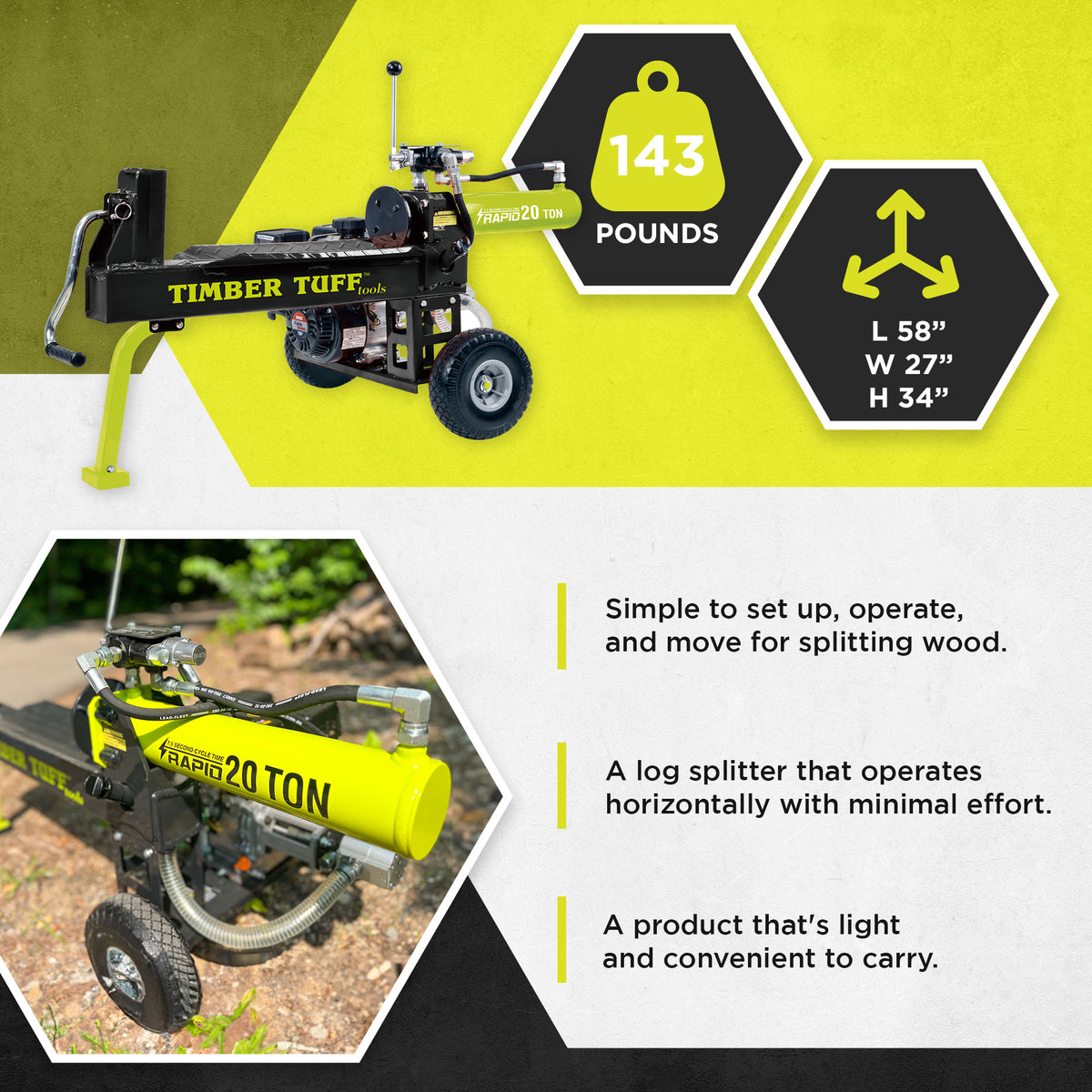 Timber Tuff Heavy Duty 7 HP Portable 20 Ton Gas Powered Log Splitter (Used)
