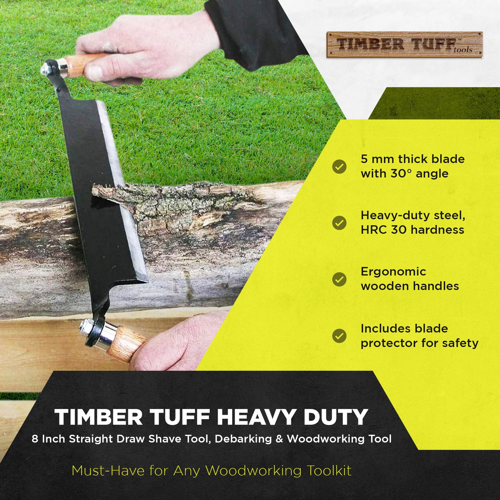 Timber Tuff 8 Inch Straight Draw Shave Tool, Debarking & Woodworking Tool, Black - VMInnovations