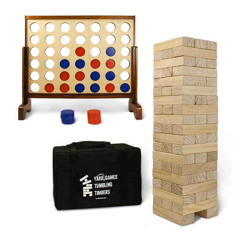 YardGames Giant Tumbling Timbers Wood Stacking Game Bundle with 4 in a Row Game