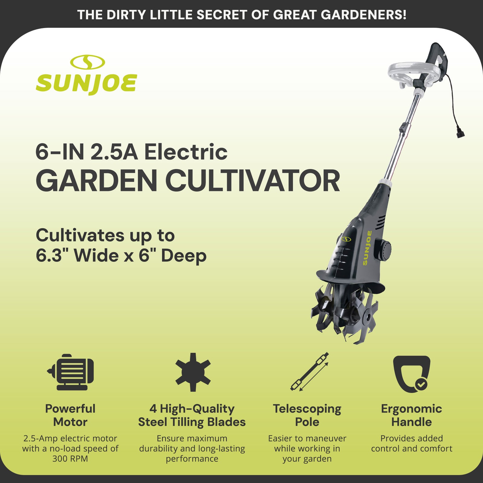 Sun Joe Electric Corded Garden Cultivator, 2.5 Amp Motor & Steel Blades, TJ599E - VMInnovations