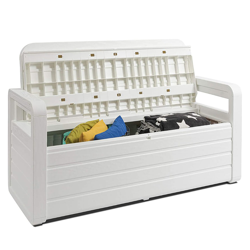 Toomax Foreverspring Deck Patio Garden Storage Box Chest Bench, 70 Gallon White - VMInnovations
