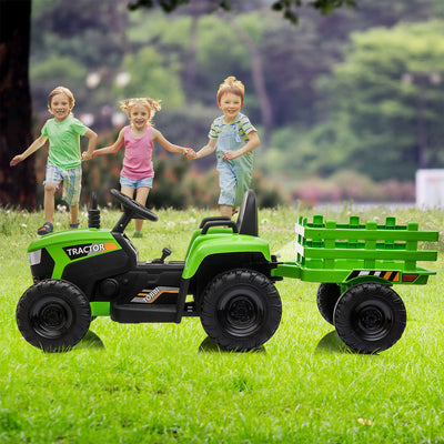 TOBBI 12V Kids Electric Battery-Powered Ride On Toy Tractor with Trailer, Green - VMInnovations