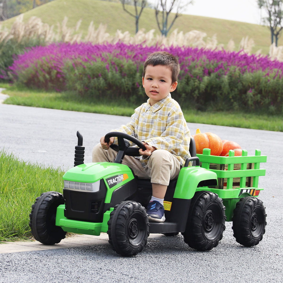 TOBBI 12V Kids Electric Battery-Powered Ride On Toy Tractor with Trailer, Green