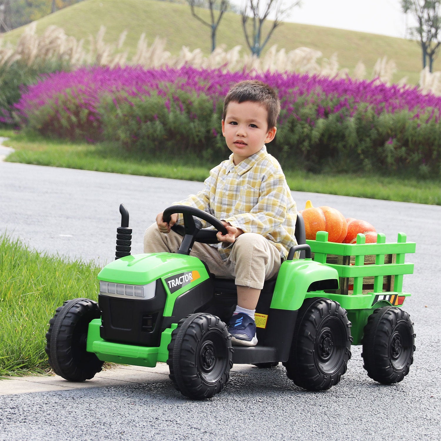 TOBBI 12V Kids Electric Battery-Powered Ride On Toy Tractor with Trailer, Green - VMInnovations