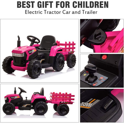TOBBI 12V Kids Electric Battery-Powered Ride On Toy Tractor w/ Trailer, Rose Red (Refurbished)