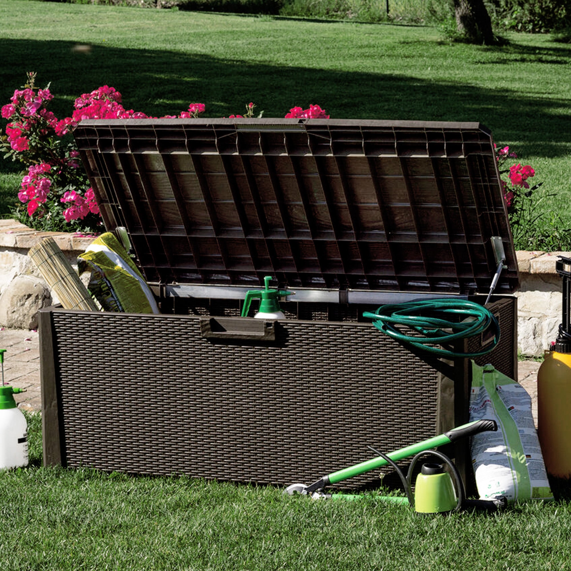 Toomax Santorini Plus Deck Outdoor Storage Chest Box Bench, 145 Gallon (Brown) - VMInnovations