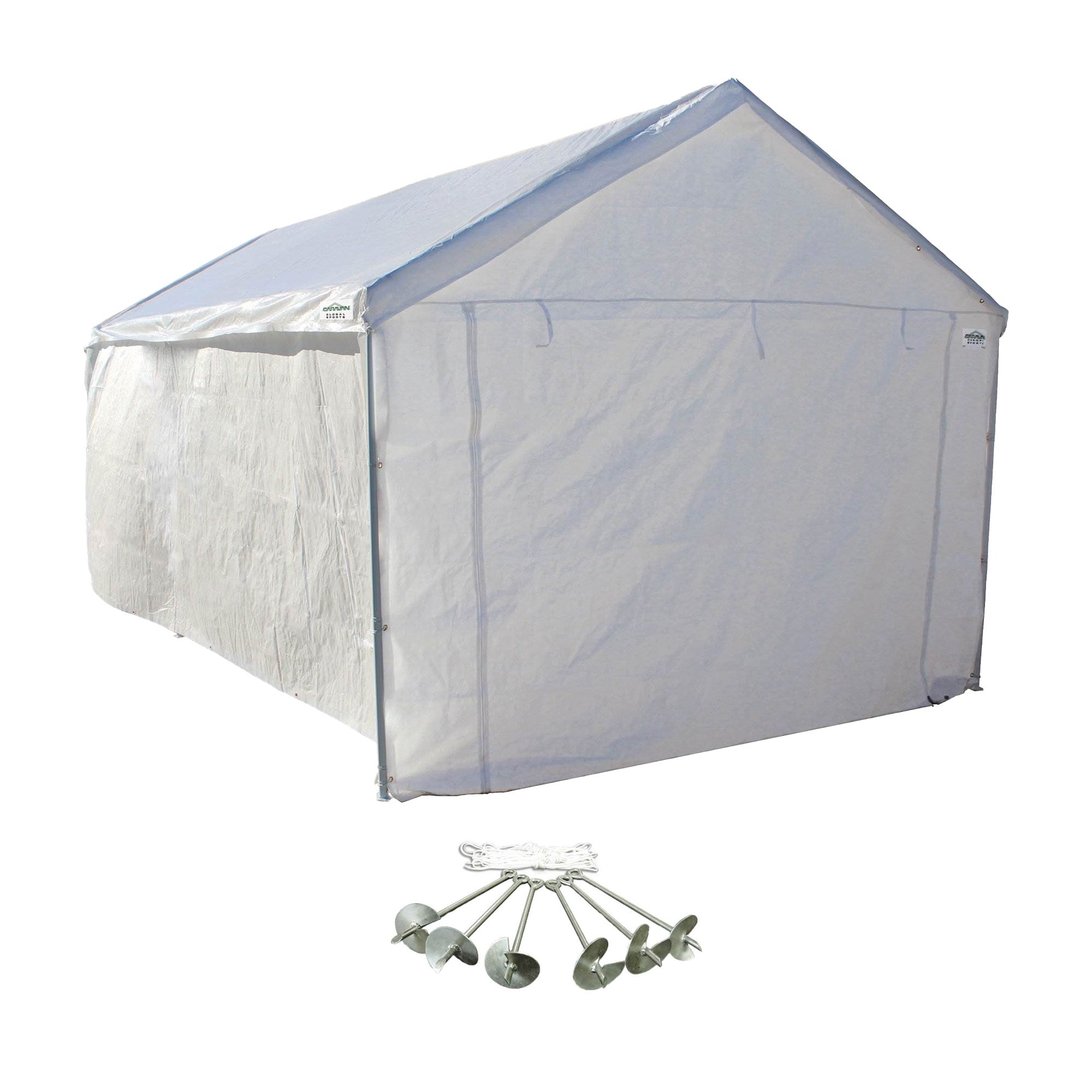 Caravan Canopy Domain 10 x 20 Ft Carport Top and Sidewalls, White w/ Anchor Set