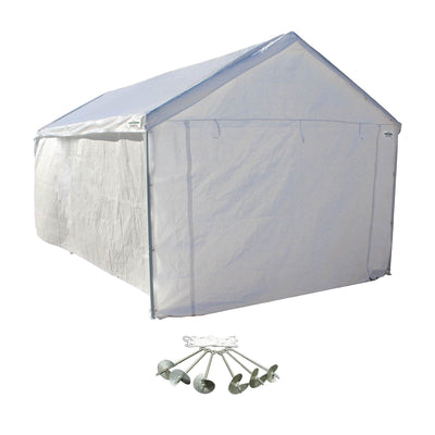 Caravan Canopy Domain 10 x 20 Ft Carport Top and Sidewalls, White w/ Anchor Set