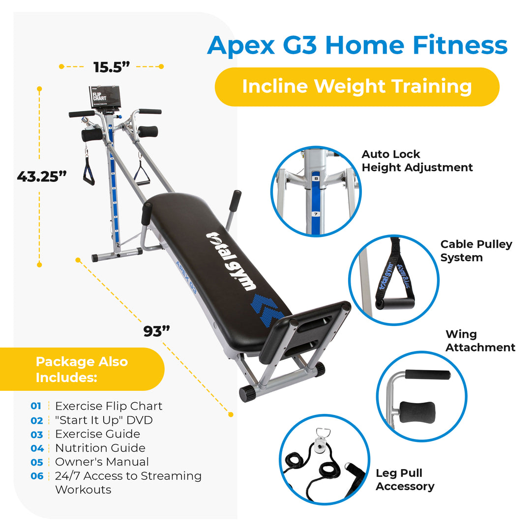 Total Gym APEX G3 Home Fitness Incline Weight Trainer with 8 Resistance Levels