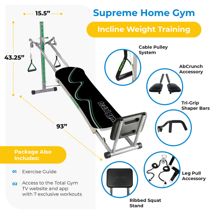 Total Gym Supreme Home Gym with Ab Crunch, Tri Grip Shaper Bars, and Squat Stand - VMInnovations