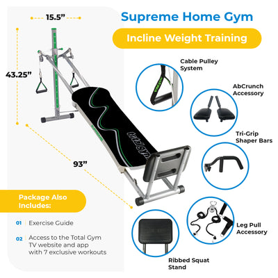 Total Gym Supreme Home Gym with Ab Crunch, Tri Grip Shaper Bars, and Squat Stand