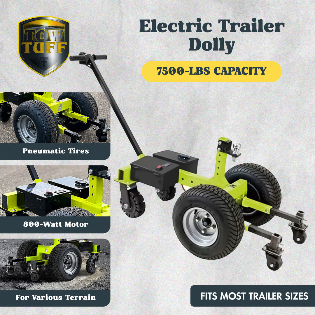 Tow Tuff 7500 Pound Capacity Electric Trailer Dolly with Pnuematic Tires, Green