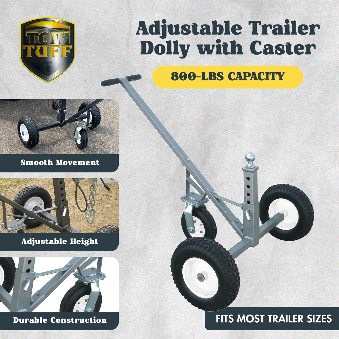 Tow Tuff Adjustable Solid Steel 800lb Capacity Trailer Dolly w/Caster (Open Box)