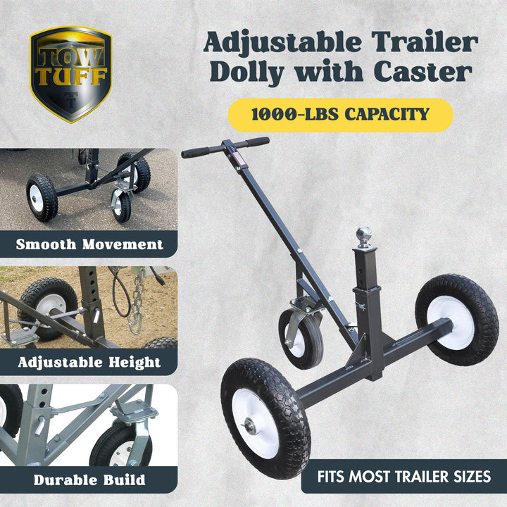 Tow Tuff TMD-1000C Adjustable Steel 1000 lb Heavy Duty Trailer Dolly w/ Caster