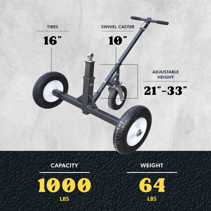 Tow Tuff TMD-1000C Adjustable Steel 1000 lb Heavy Duty Trailer Dolly w/ Caster