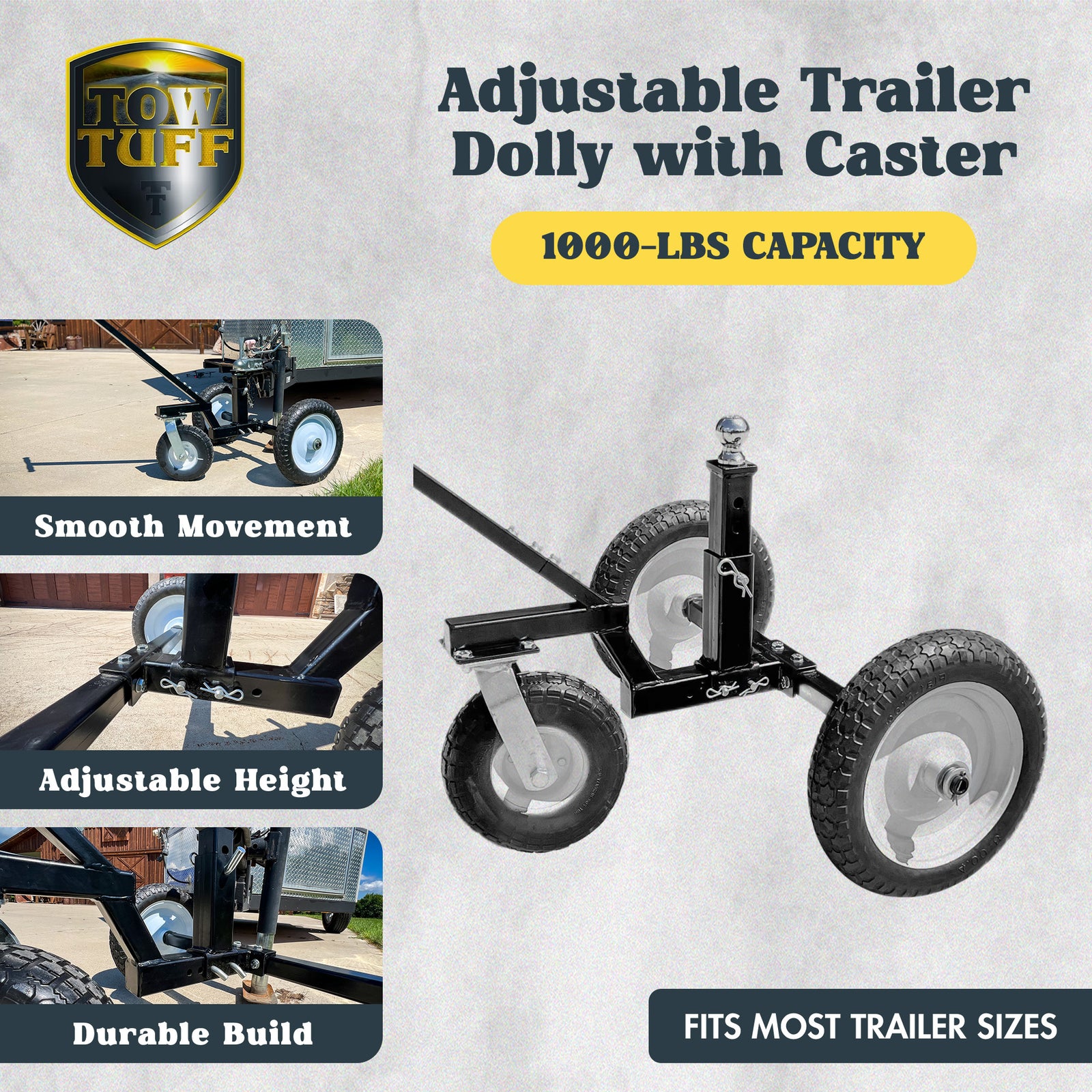 Tow Tuff TMD-1000C2 Adjustable Steel 1000 lb Heavy Duty Trailer Dolly w/ Caster - VMInnovations