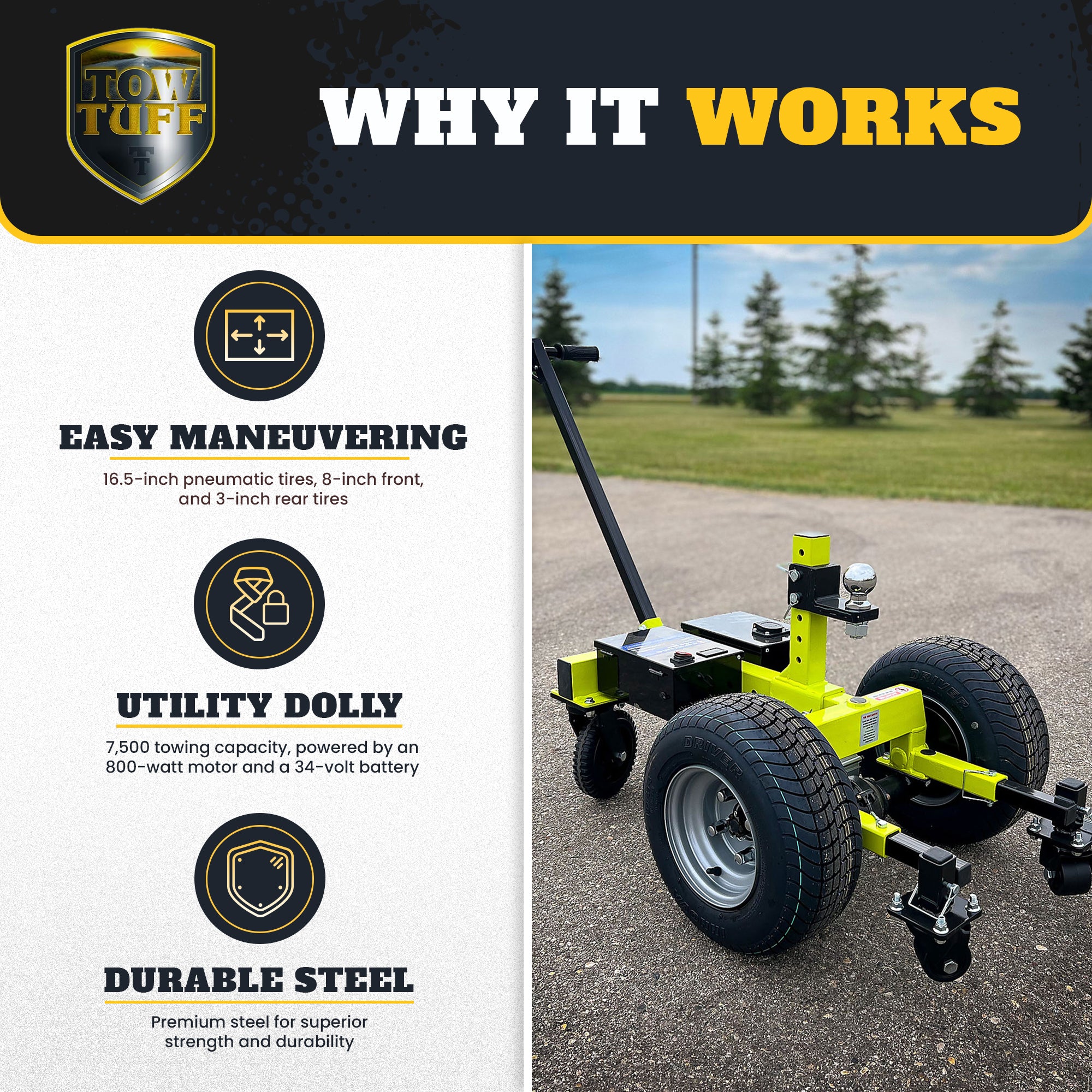 Tow Tuff 7500 Pound Capacity Electric Trailer Dolly with Pnuematic Tires, Green