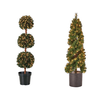 Home Heritage 4 Foot Artificial Tree w/ Lights + 4 Ft Spiral Pine Tree w/ Lights