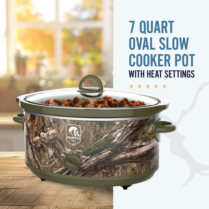 Trappers Peak 7 Quart Oval Slow Cooker Pot with Heat Settings, Mossy Oak Camo