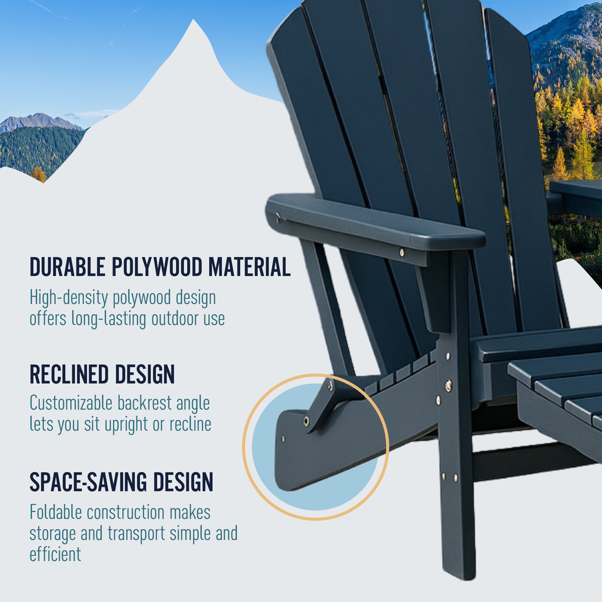 Trapper’s Peak Adjustable Folding Adirondack Chair, Footrest and Backrest, Blue - VMInnovations
