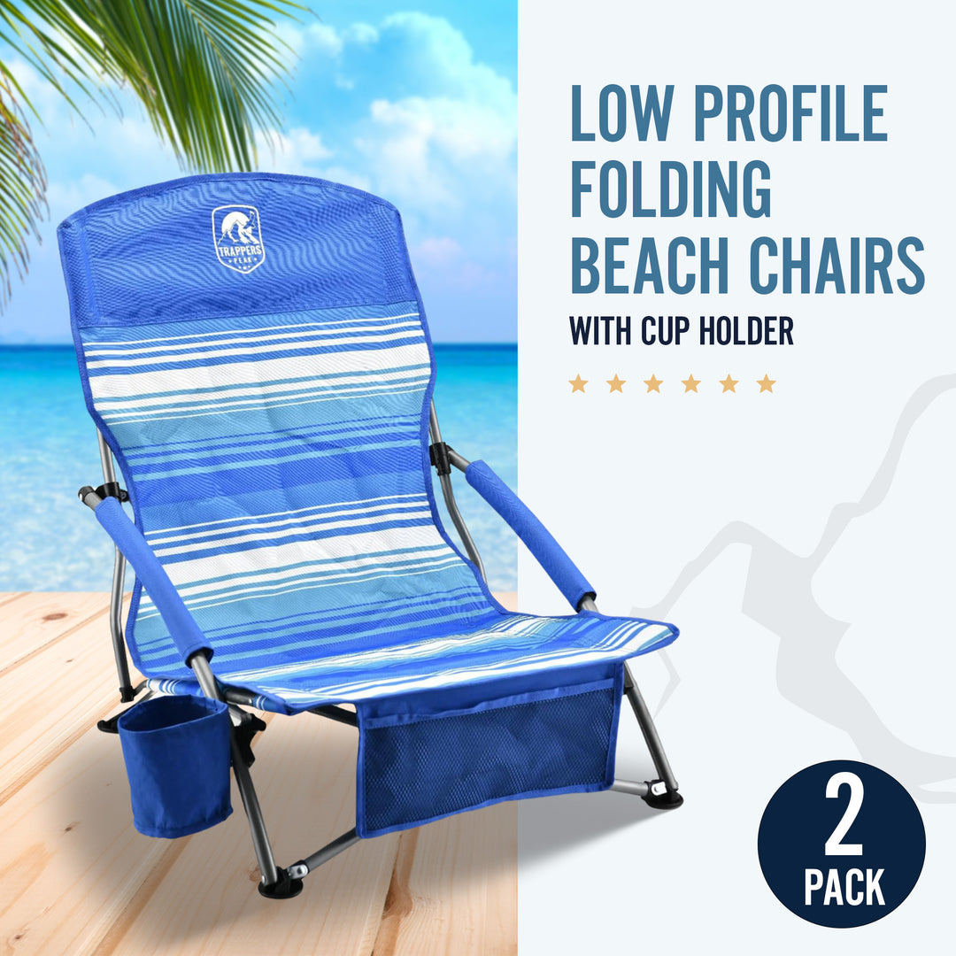 Trapper’s Peak 2 Pack Low Profile Folding Beach Chairs, Cup Holder, Bag, Blue