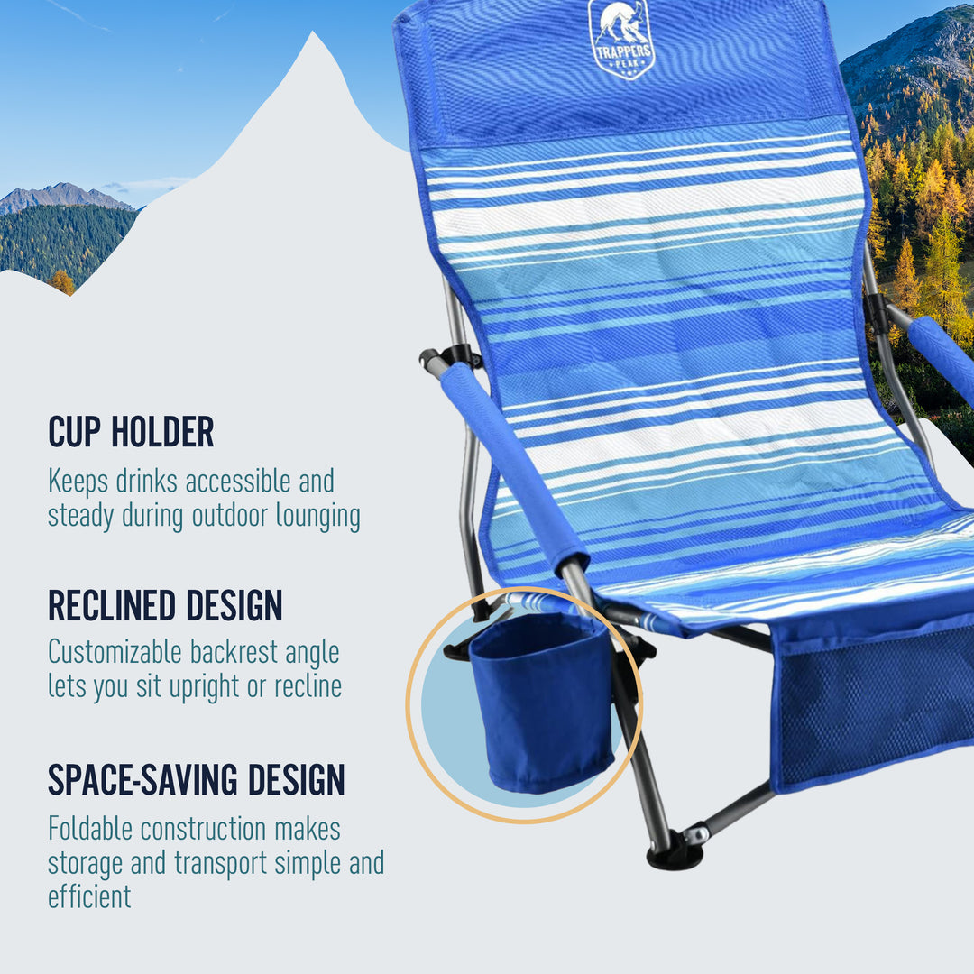 Trapper’s Peak 2 Pack Low Profile Folding Beach Chairs, Cup Holder, Bag, Blue