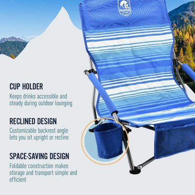 Trapper’s Peak 2 Pack Low Profile Folding Beach Chairs, Cup Holder, Bag, Blue