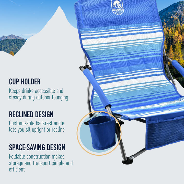 Trapper’s Peak 2 Pack Low Profile Folding Beach Chairs, Cup Holder, Bag, Blue