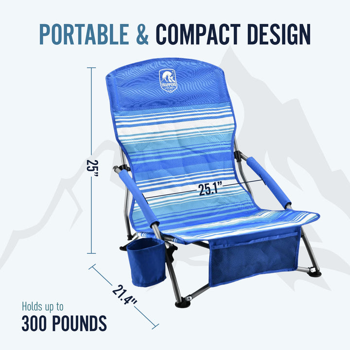 Trapper’s Peak 2 Pack Low Profile Folding Beach Chairs, Cup Holder, Bag, Blue
