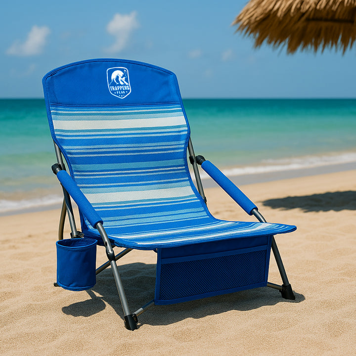 Trapper’s Peak 2 Pack Low Profile Folding Beach Chairs, Cup Holder, Bag, Blue