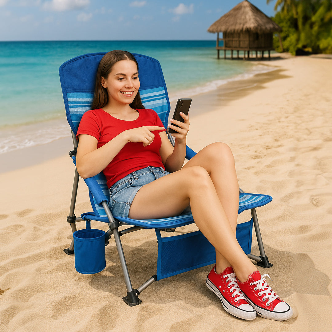 Trapper’s Peak 2 Pack Low Profile Folding Beach Chairs, Cup Holder, Bag, Blue