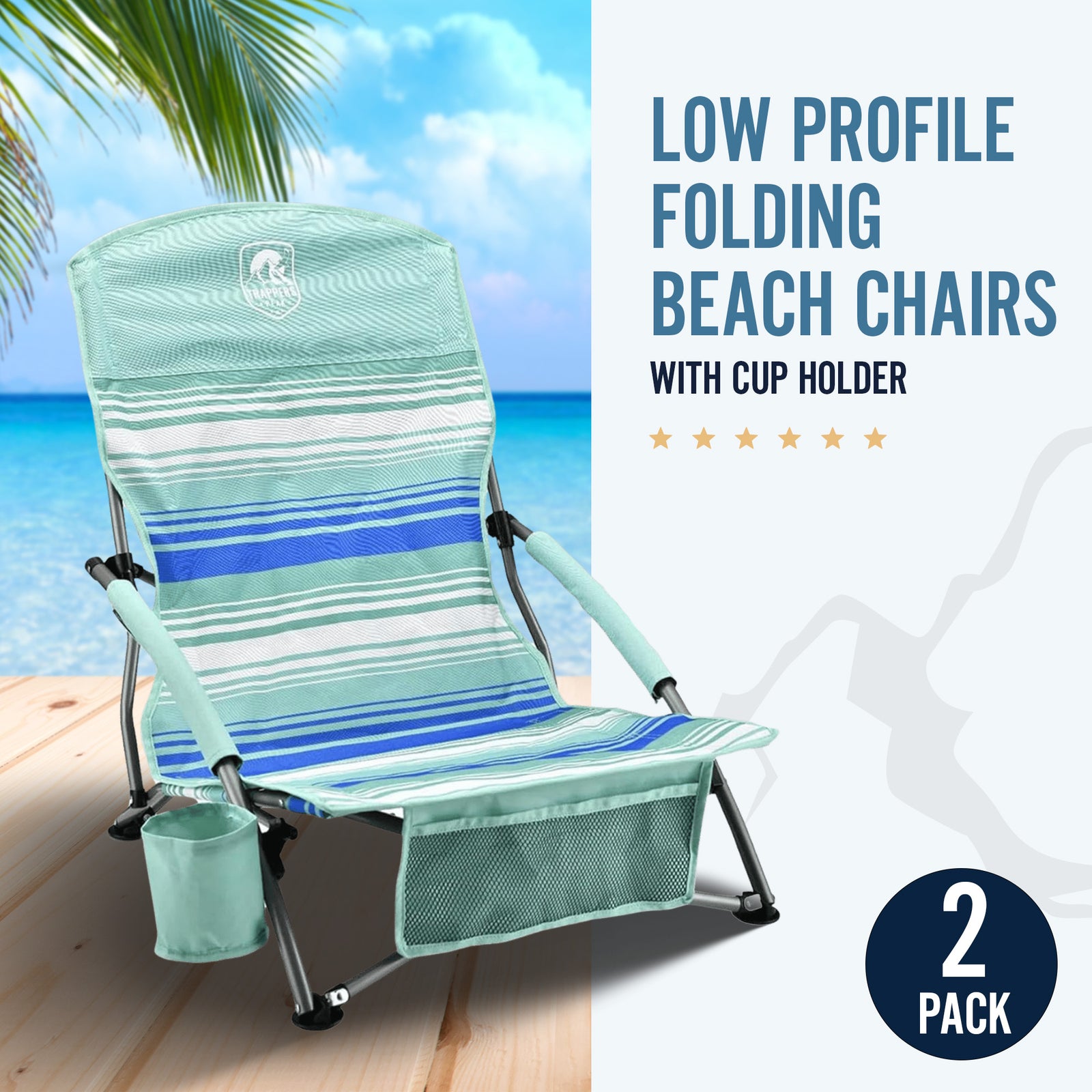 Trapper’s Peak 2 Pack Low Profile Folding Beach Chairs, Cup Holder, Bag, Green - VMInnovations