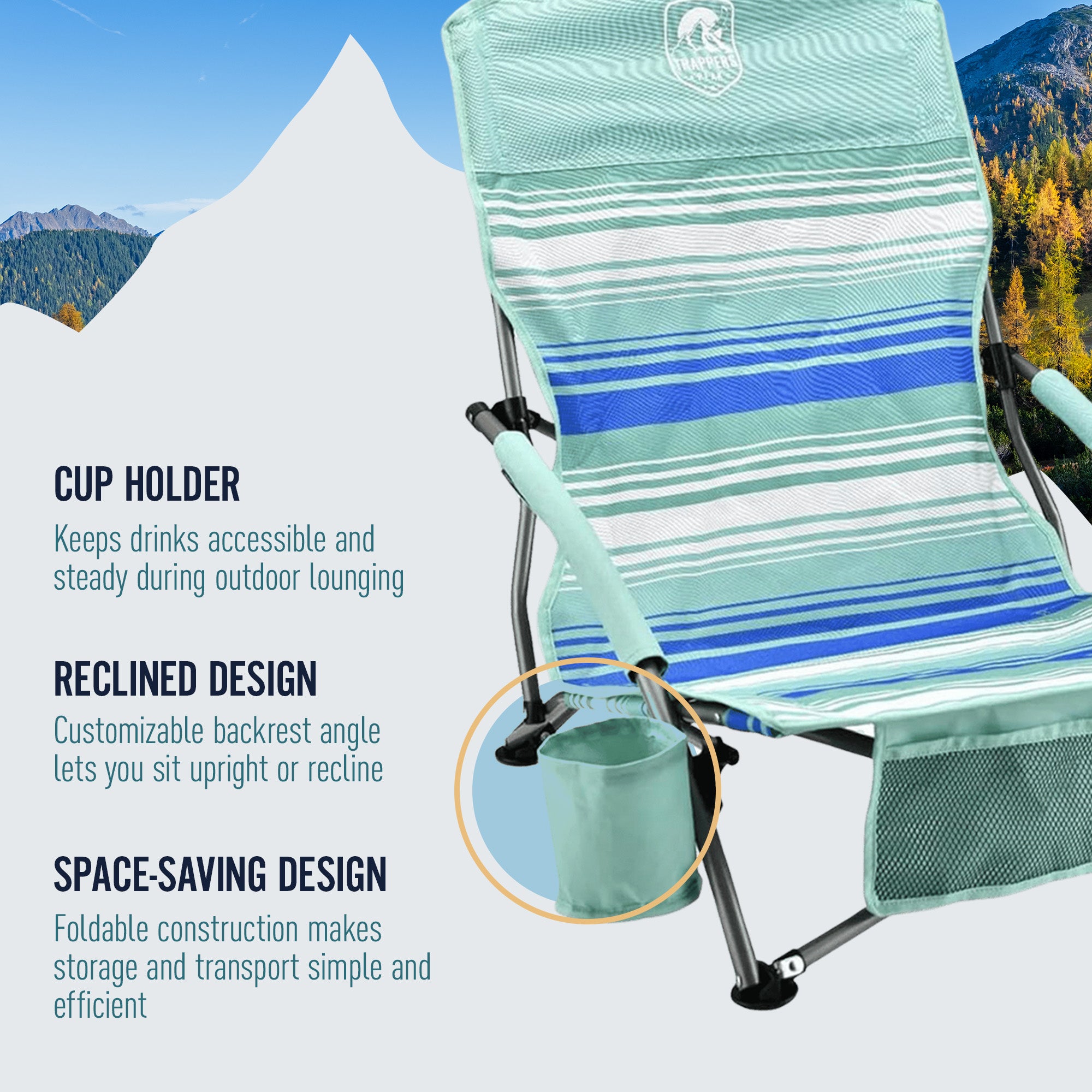 Trapper’s Peak 2 Pack Low Profile Folding Beach Chairs, Cup Holder, Bag, Green - VMInnovations