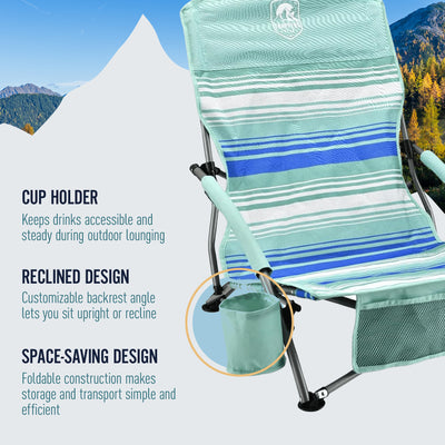 Trapper’s Peak 2 Pack Low Profile Folding Beach Chairs, Cup Holder, Bag, Green - VMInnovations