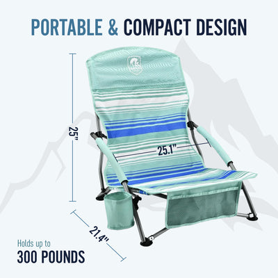 Trapper’s Peak 2 Pack Low Profile Folding Beach Chairs, Cup Holder, Bag, Green - VMInnovations
