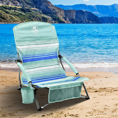 Trapper’s Peak 2 Pack Low Profile Folding Beach Chairs, Cup Holder, Bag, Green - VMInnovations