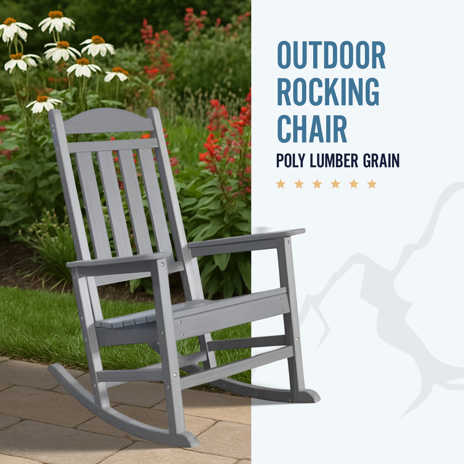 Trapper’s Peak Outdoor Rocking Chair Poly Lumber Grain, Steel Frame, Light Gray - VMInnovations