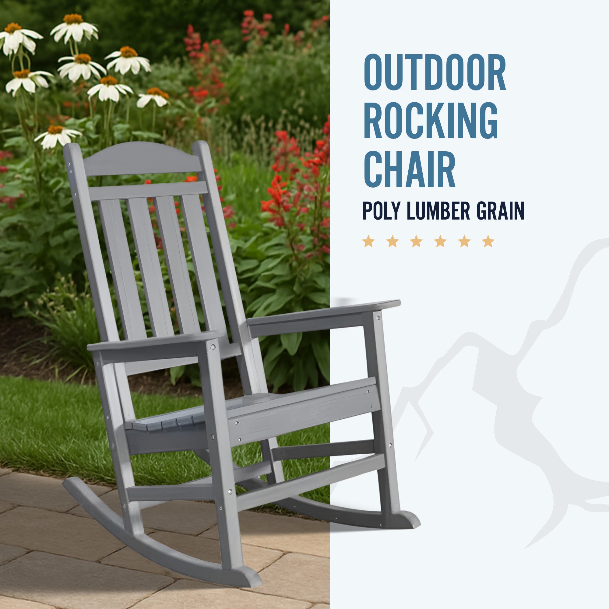 Trapper’s Peak Outdoor Rocking Chair Poly Lumber Grain, Steel Frame, Light Gray - VMInnovations
