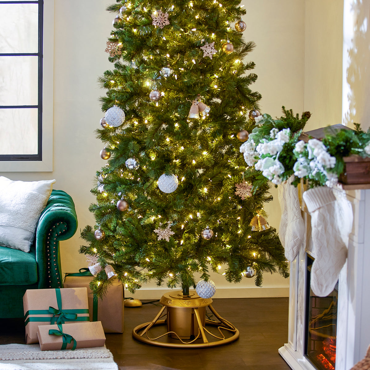 Home Heritage 1-1.75" Artificial Christmas Tree Base Rotating Metal Stand, Gold - VMInnovations