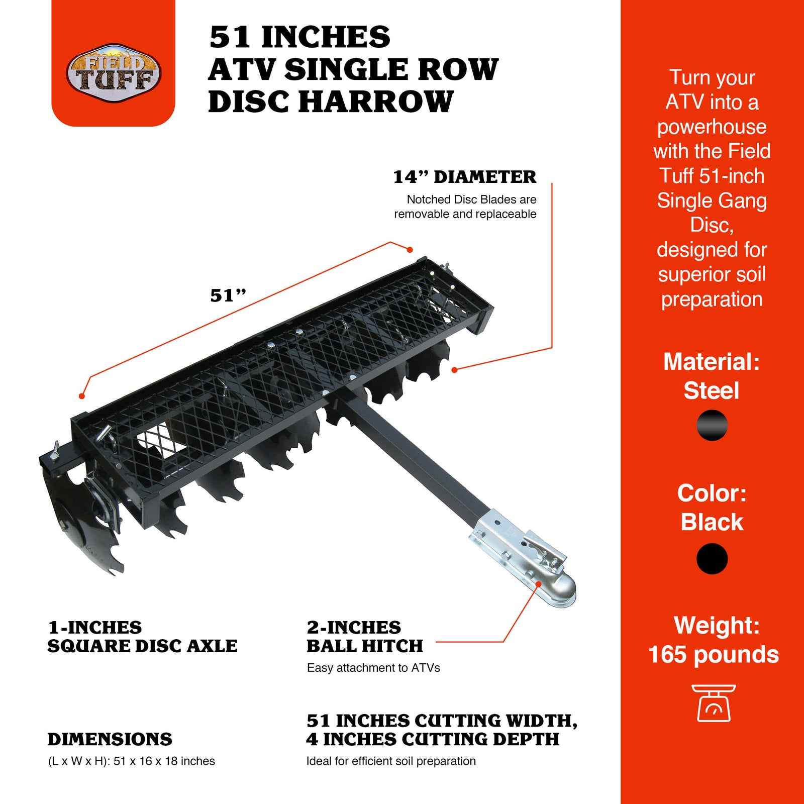 Field Tuff 51 Inch ATV Single Gang Heavy Duty Steel Disc for Cultivating, Black - VMInnovations