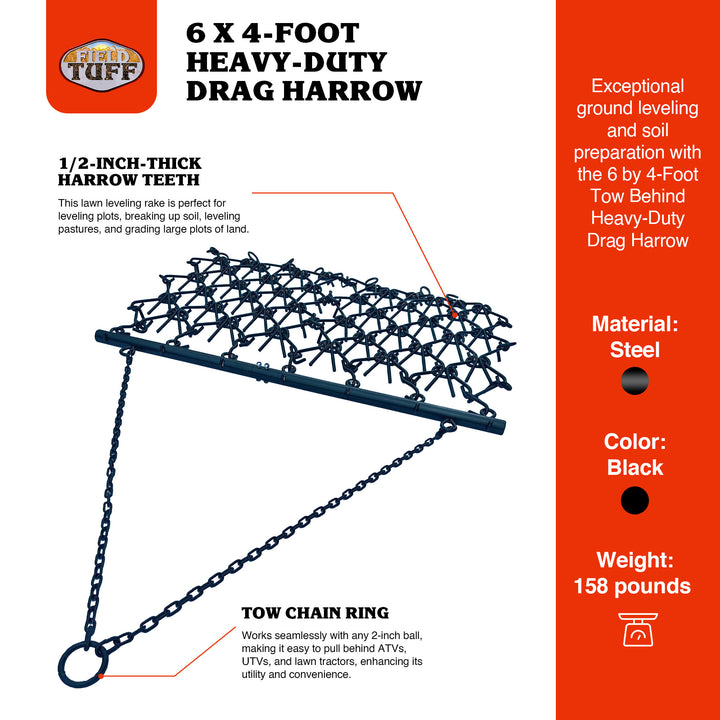 Field Tuff 6x4' Tow Behind Heavy Duty Drag Harrow with Powder Coat Paint Finish