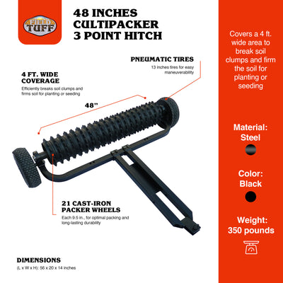 Field Tuff Cultipacker 48" 3 Point Hitch Durable Soil Preparation Tool, Black - VMInnovations