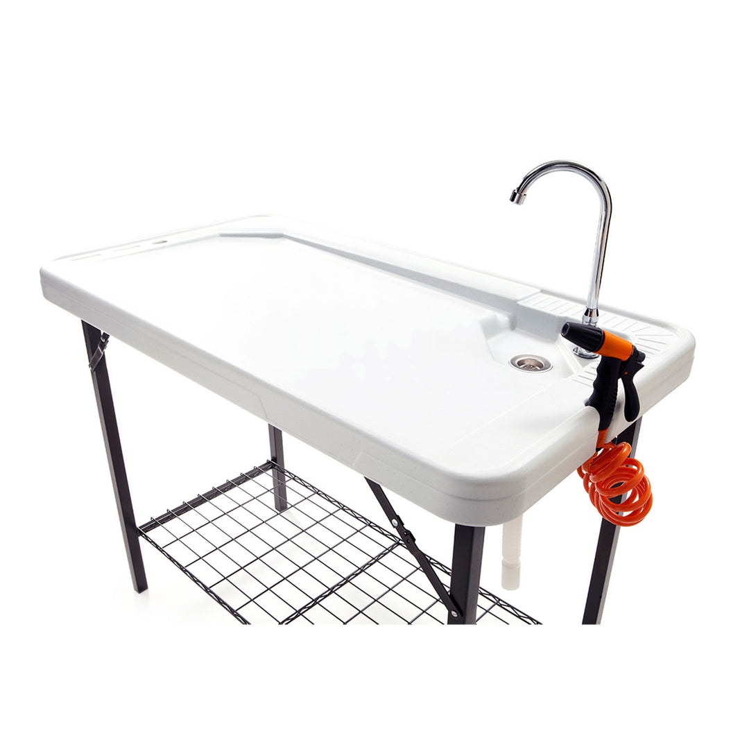 SEEK Folding Portable Deluxe Fish & Game Camping Table with Sink Faucet & Shelf