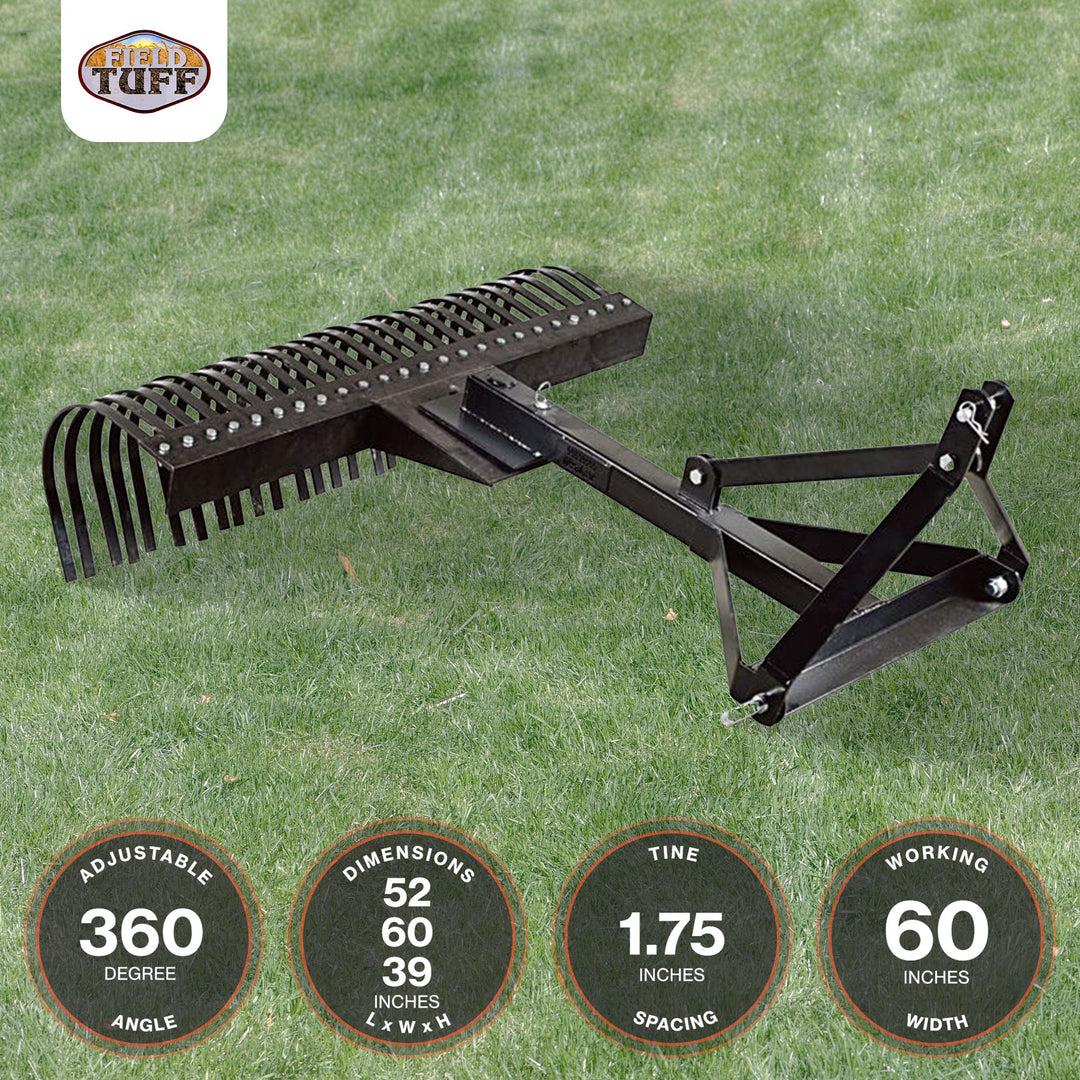 Field Tuff 60" 3 Point Landscape Rake Attachment for cat. 1 Tractor (Open Box)