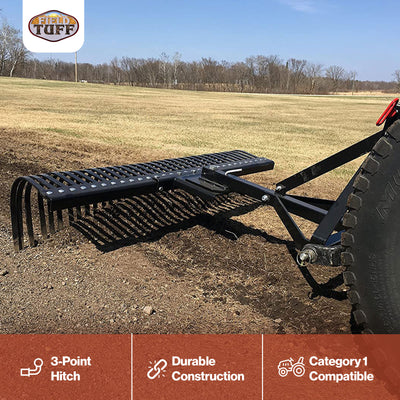 Field Tuff 60 Inch 3 Point Landscape Yard Rake Attachment for Category 1 Tractor