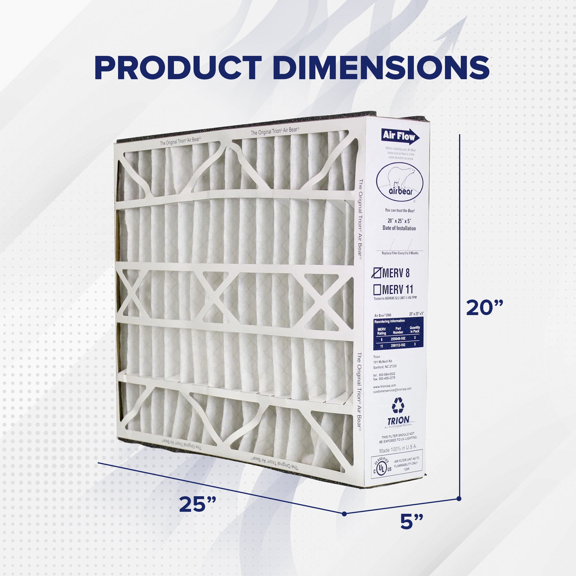 Trion Air Bear 20 x 25 x 5 Inch MERV 8 Air Purifier Filter (3 Pack) (Open Box) - VMInnovations